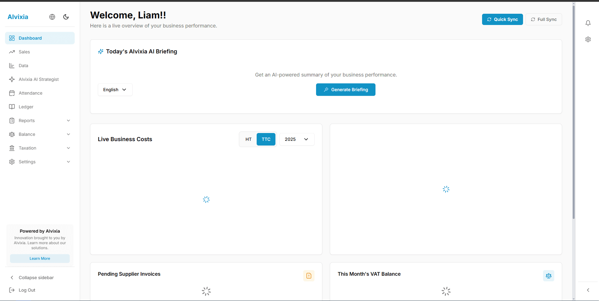 Screenshot of the Alvixia Companies main dashboard.